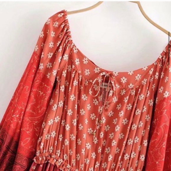 New! Clearance 🔥 Desert Red Boho Off theShoulders Ruffle Dress - Picture 9 of 15
